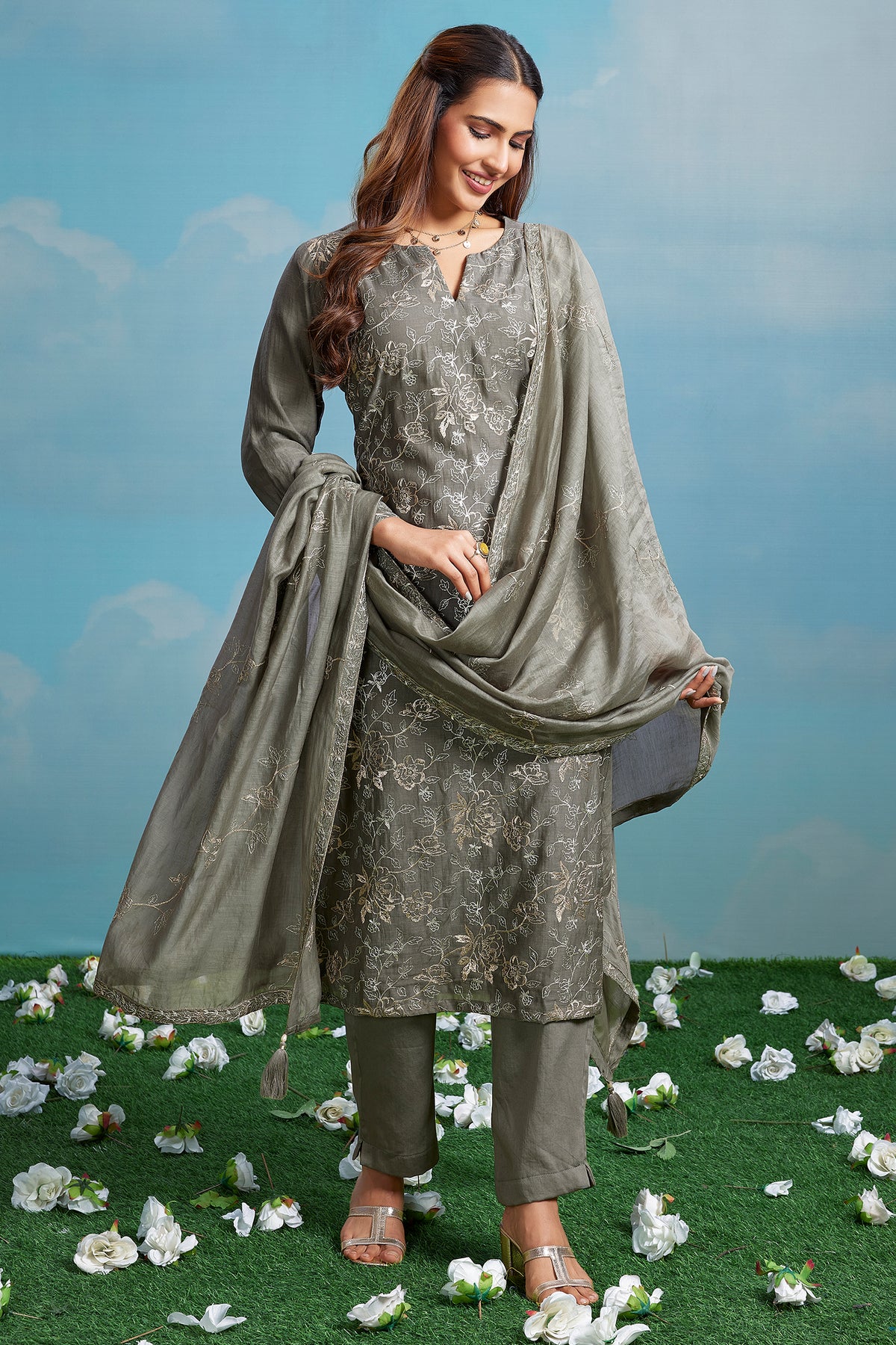Sage Grey Cotton Mul Embroidered Straight Cut Kurta Set