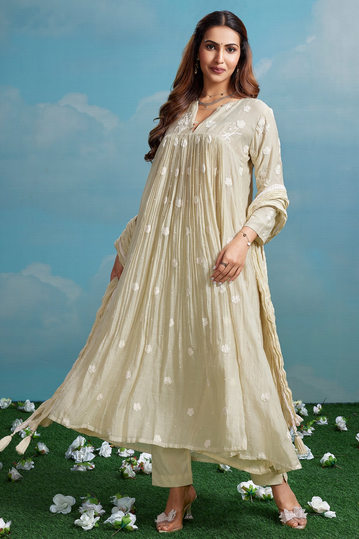Light Pale Moss Green Mul Cotton Floral Embroidered Kurta Set