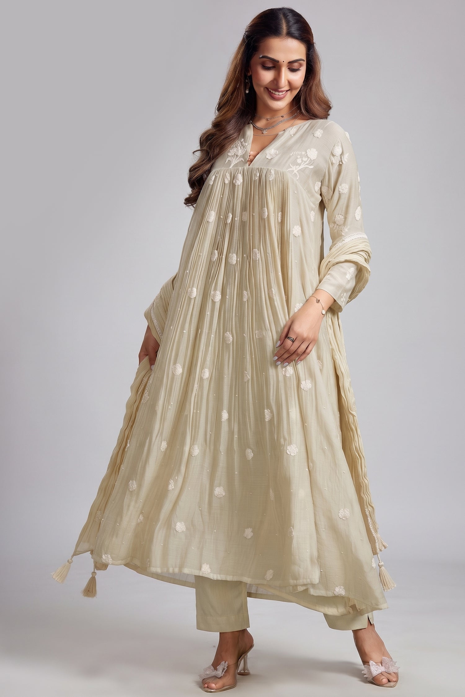 Light Pale Moss Green Mul Cotton Floral Embroidered Kurta Set Main image