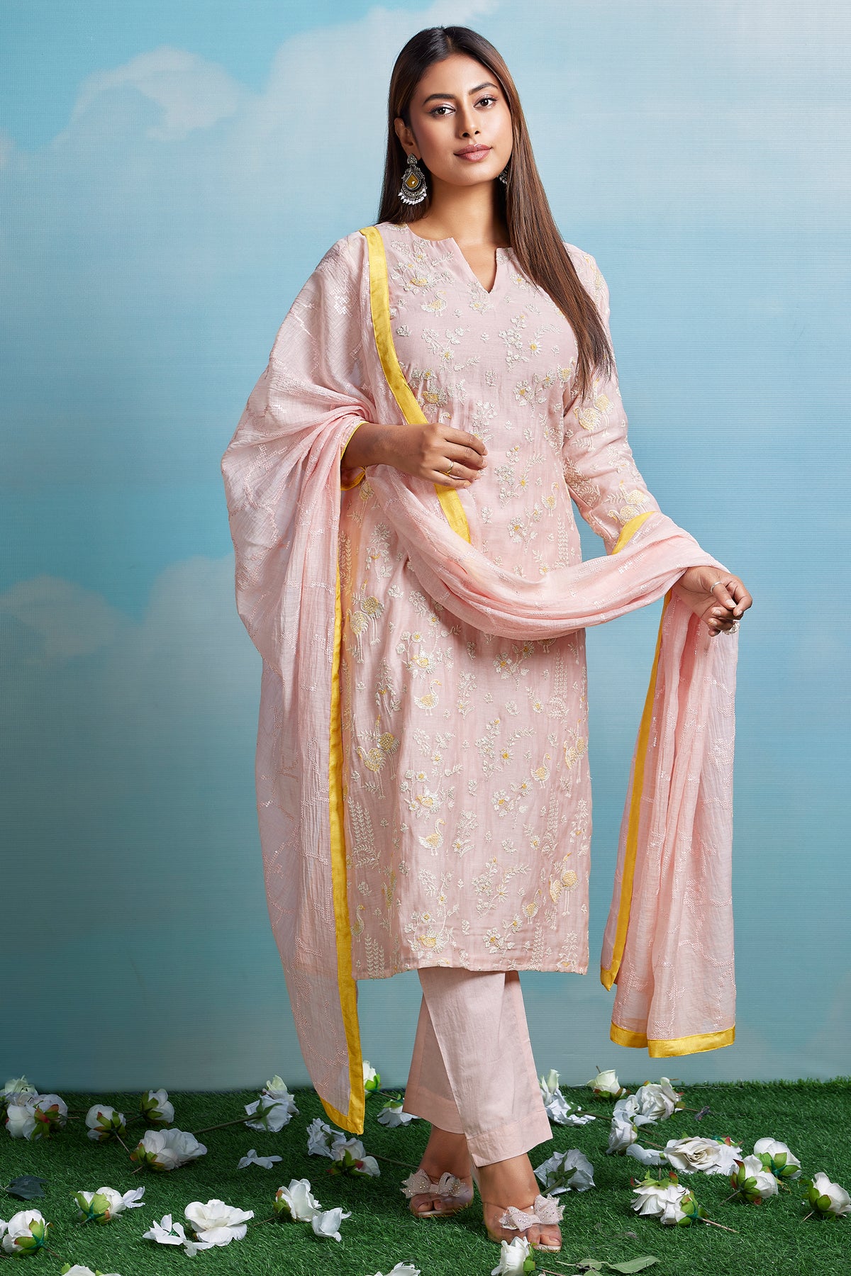 Light Pink Mul Cotton Thread Embroidered Straight Cut Kurta Set
