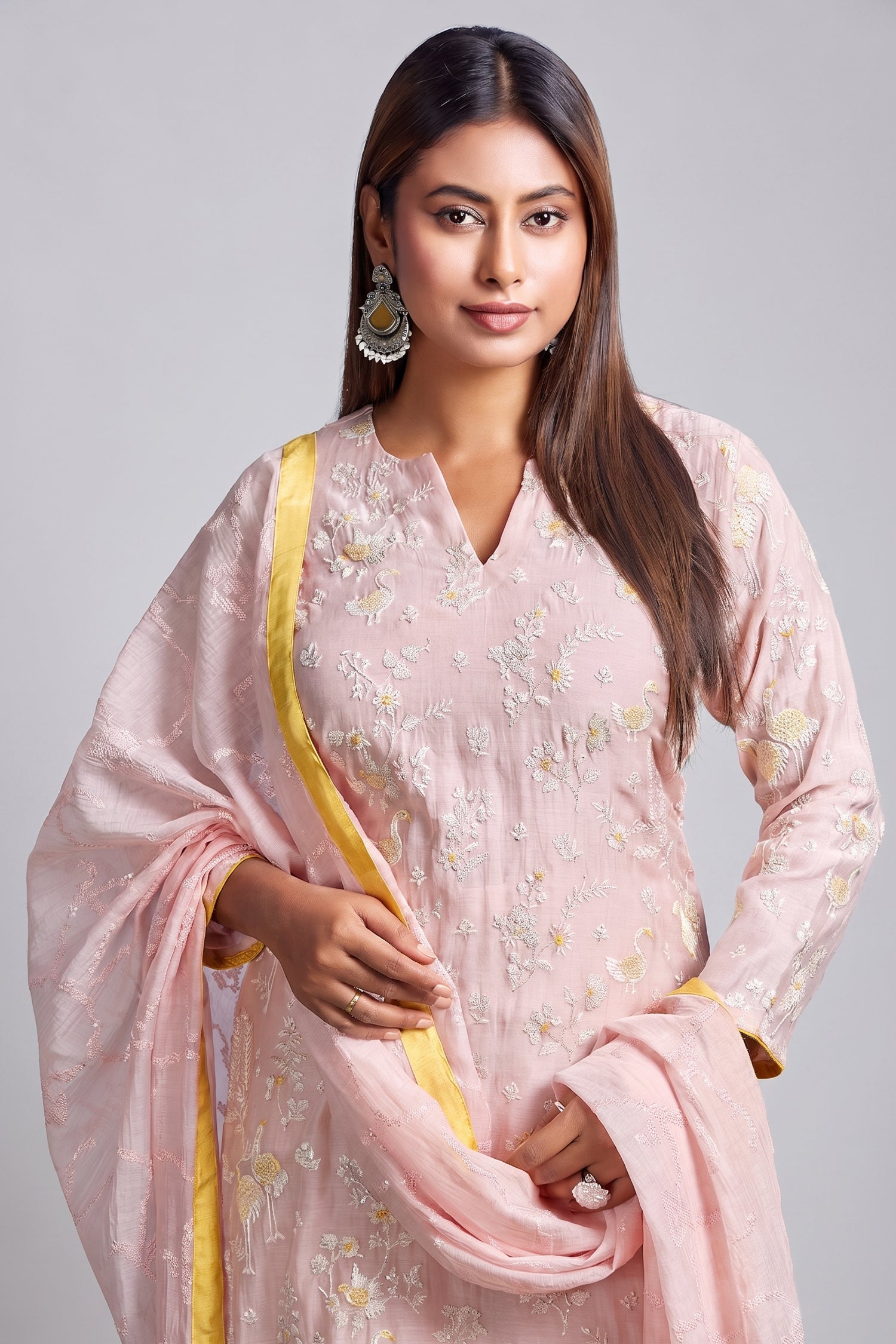 Light Pink Mul Cotton Thread Embroidered Straight Cut Kurta Set Secondary image
