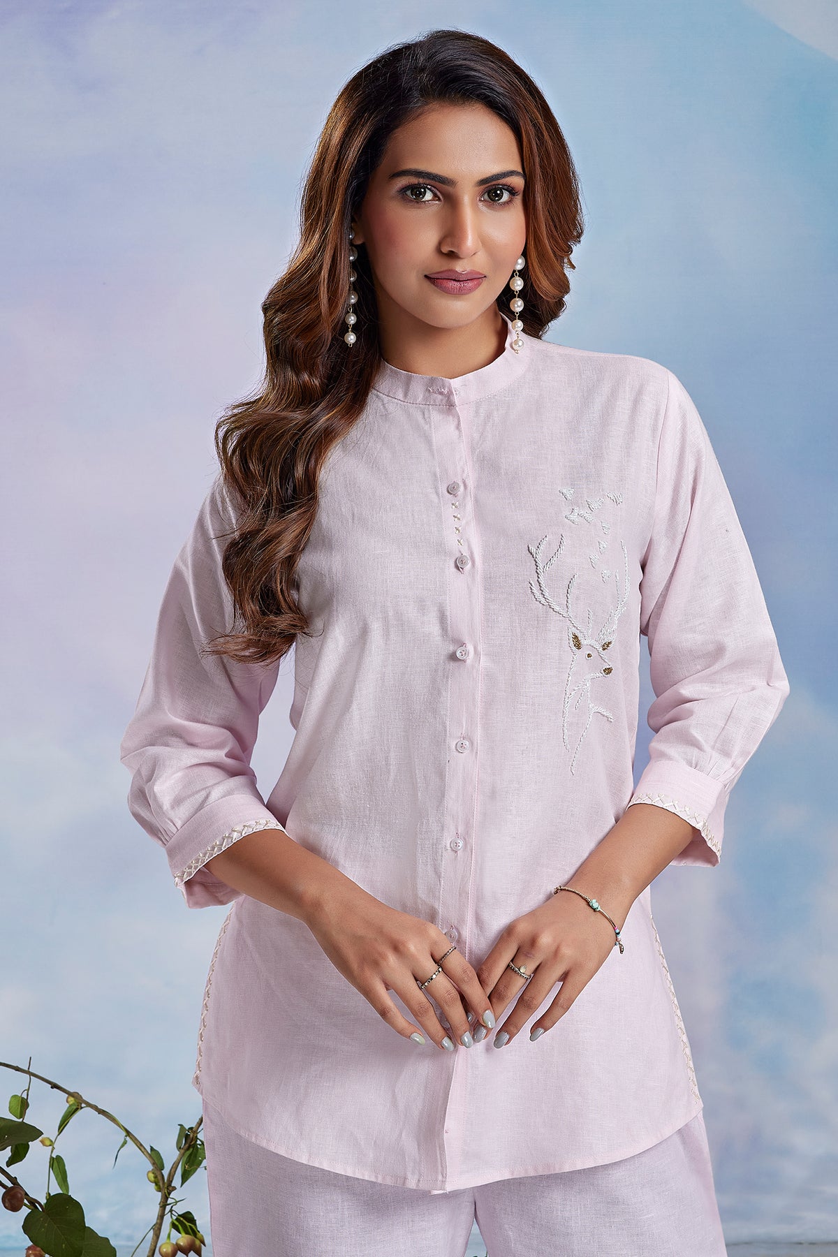 Light Pink Linen Cutdana Worked Co-Ord Set