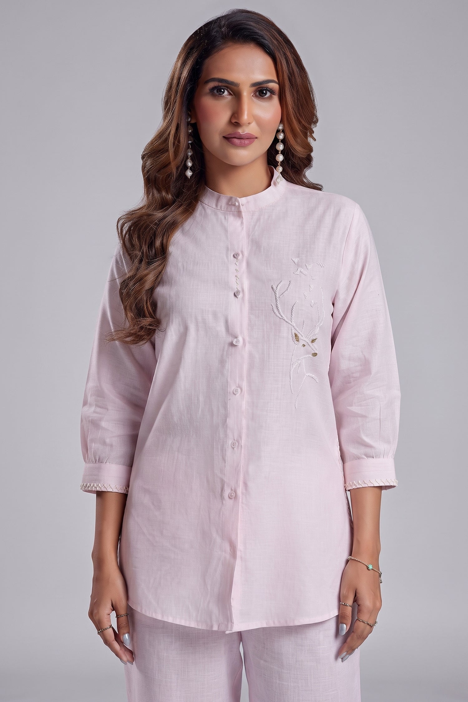 Light Pink Linen Cutdana Worked Co-Ord Set Secondary image