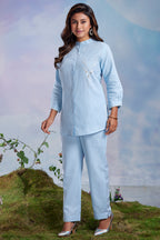 Blue Linen Cutdana Worked Co-Ord Set