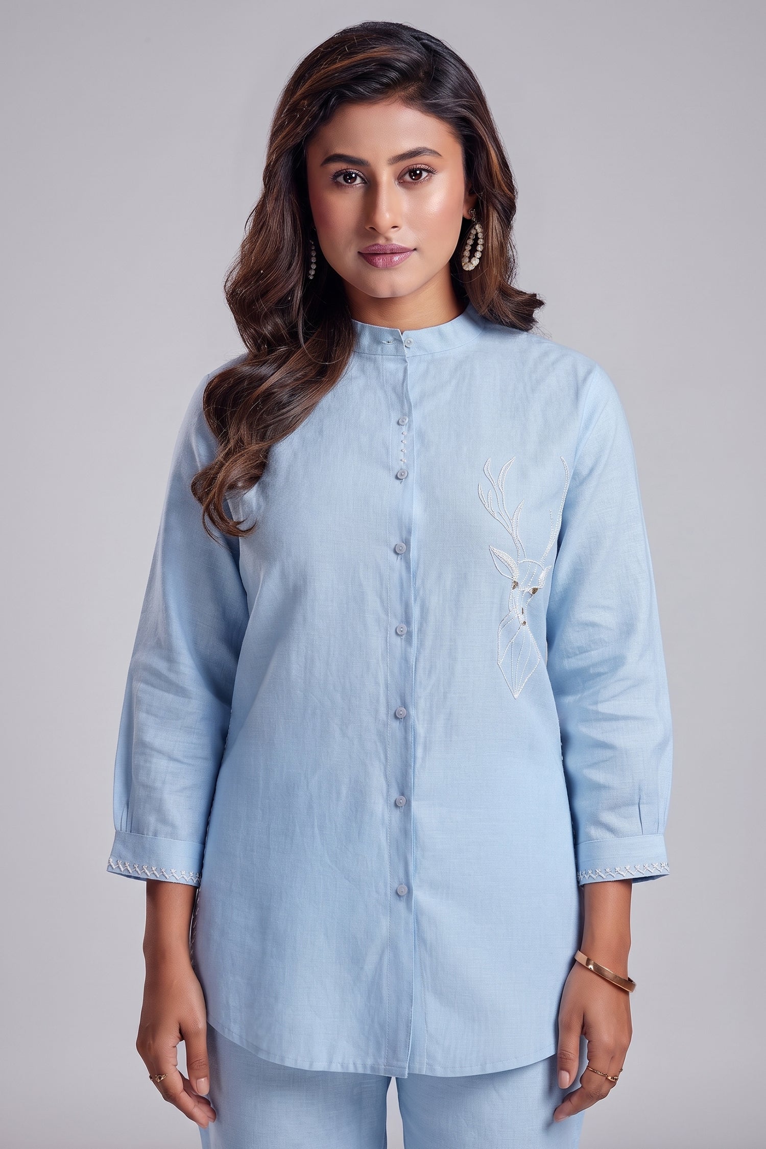 Blue Linen Cutdana Worked Co-Ord Set Secondary image