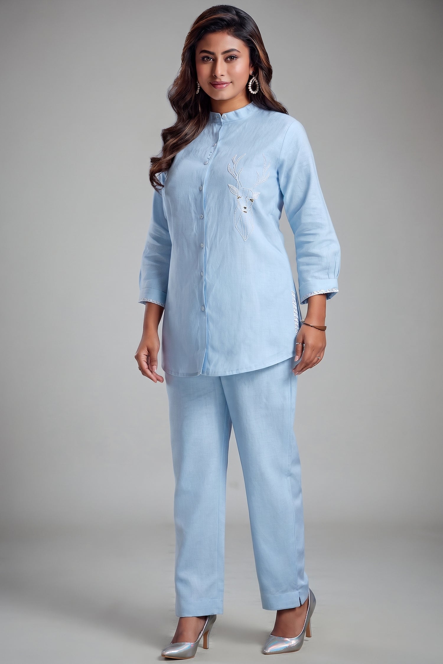 Blue Linen Cutdana Worked Co-Ord Set Main image