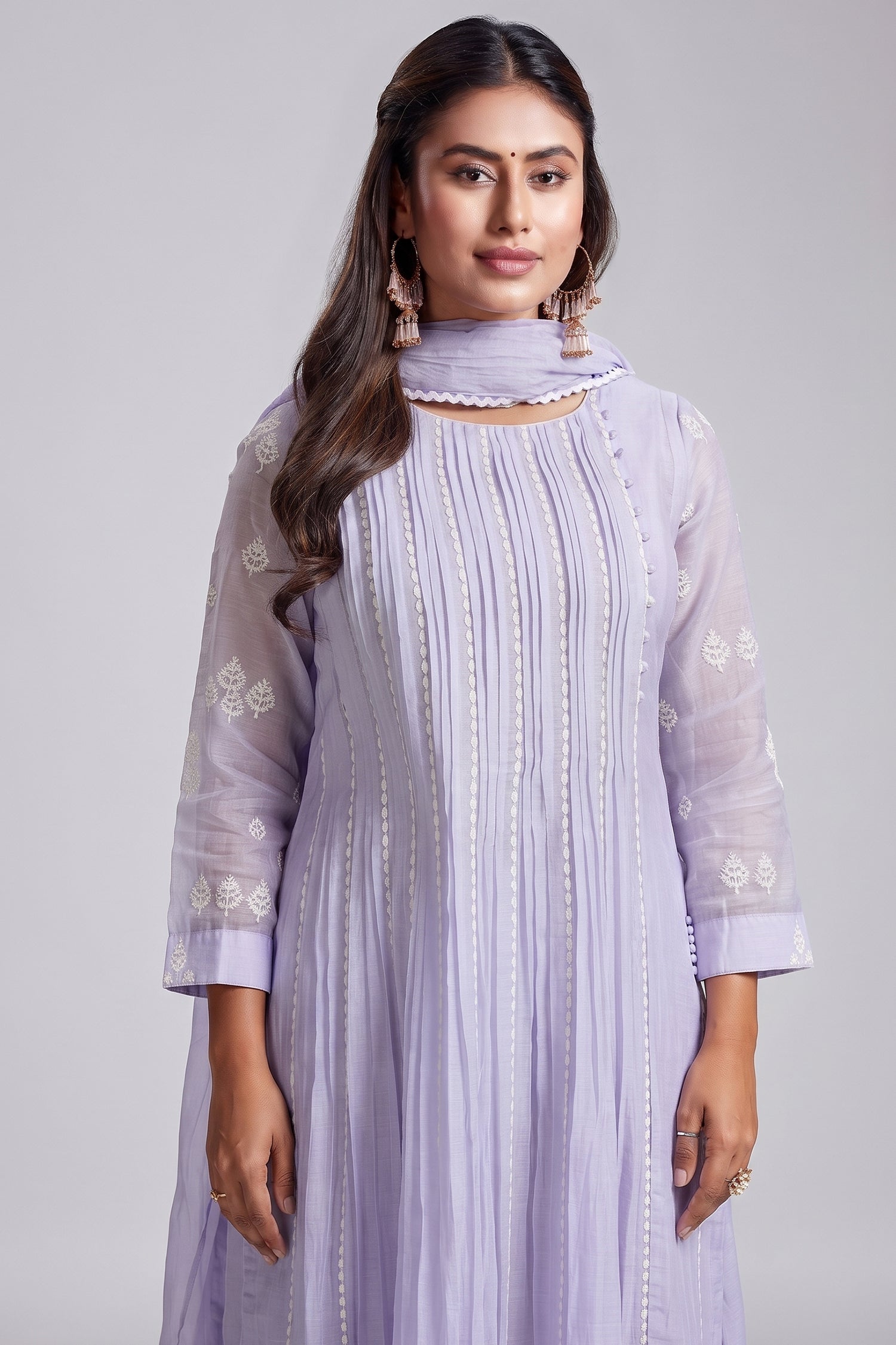 Lavender Purple Mul Cotton Thread Embroidered Slit Cut Kurta Set Secondary image