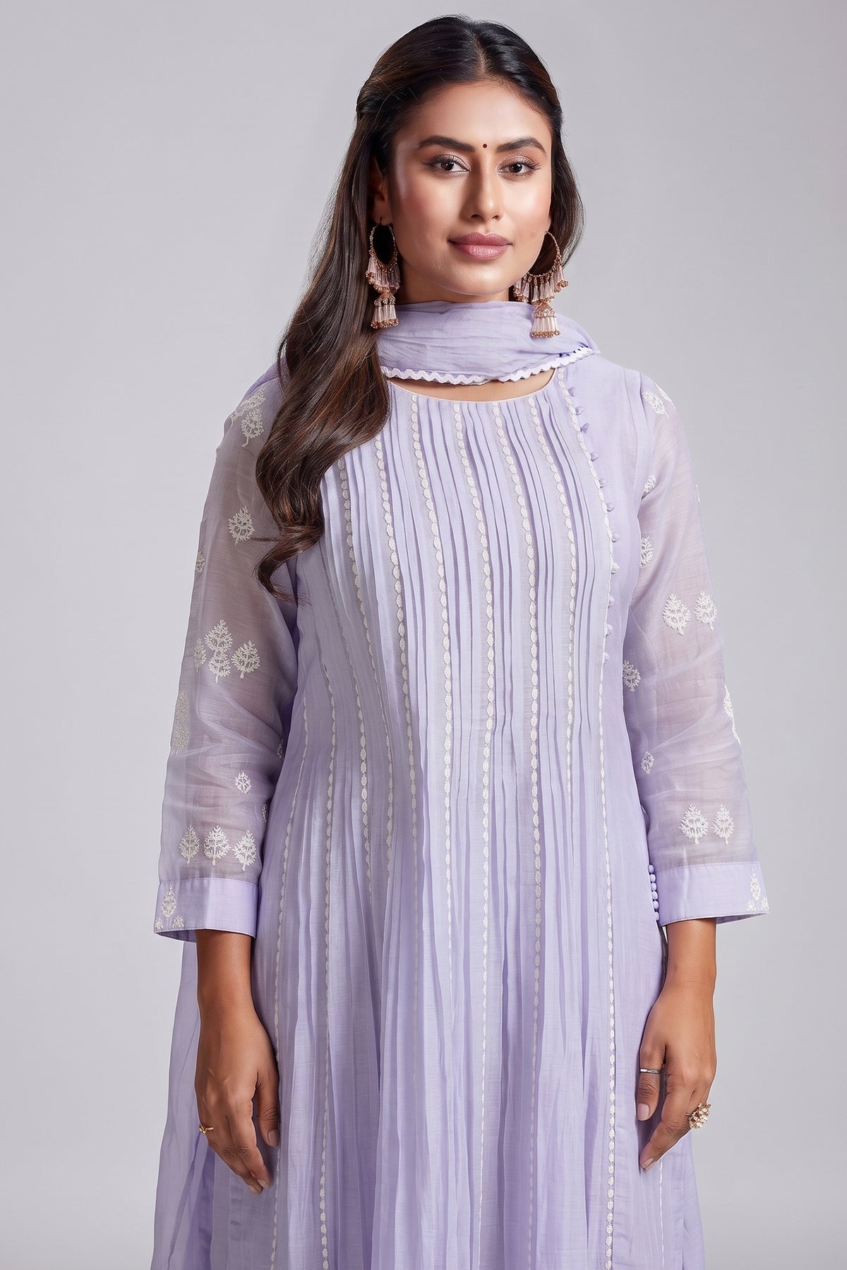 Lavender Purple Mul Cotton Thread Embroidered Slit Cut Kurta Set