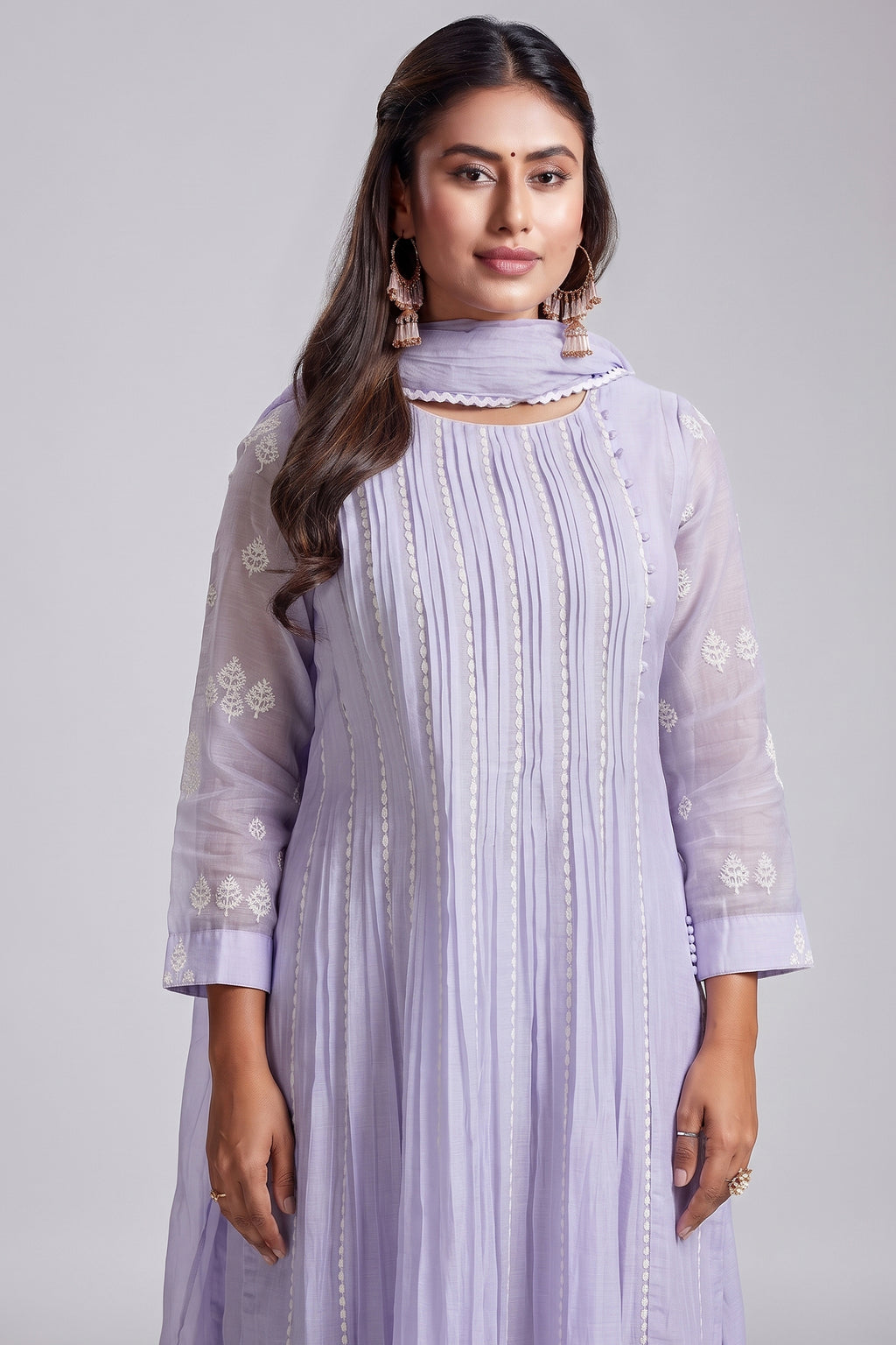 Lavender Purple Mul Cotton Thread Embroidered Slit Cut Kurta Set