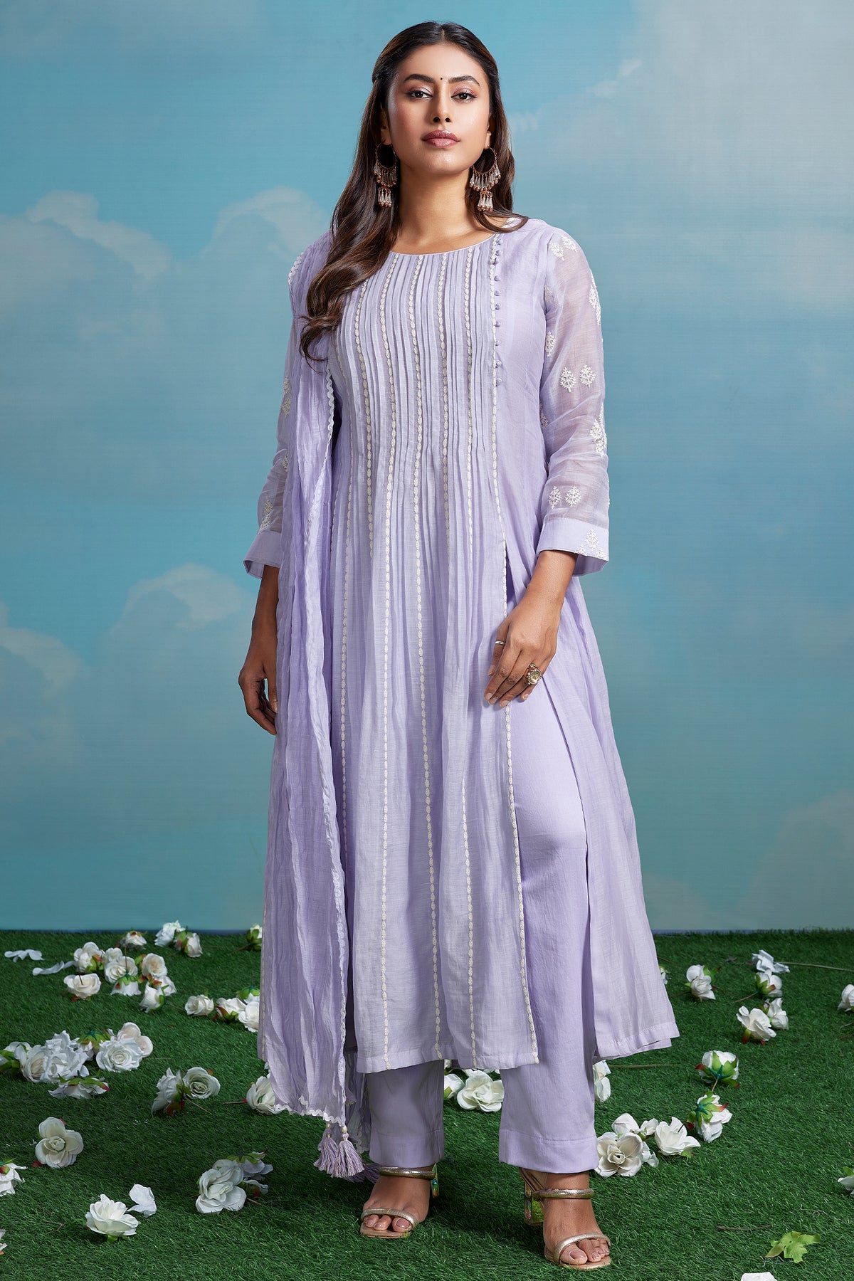 Lavender Purple Mul Cotton Thread Embroidered Slit Cut Kurta Set