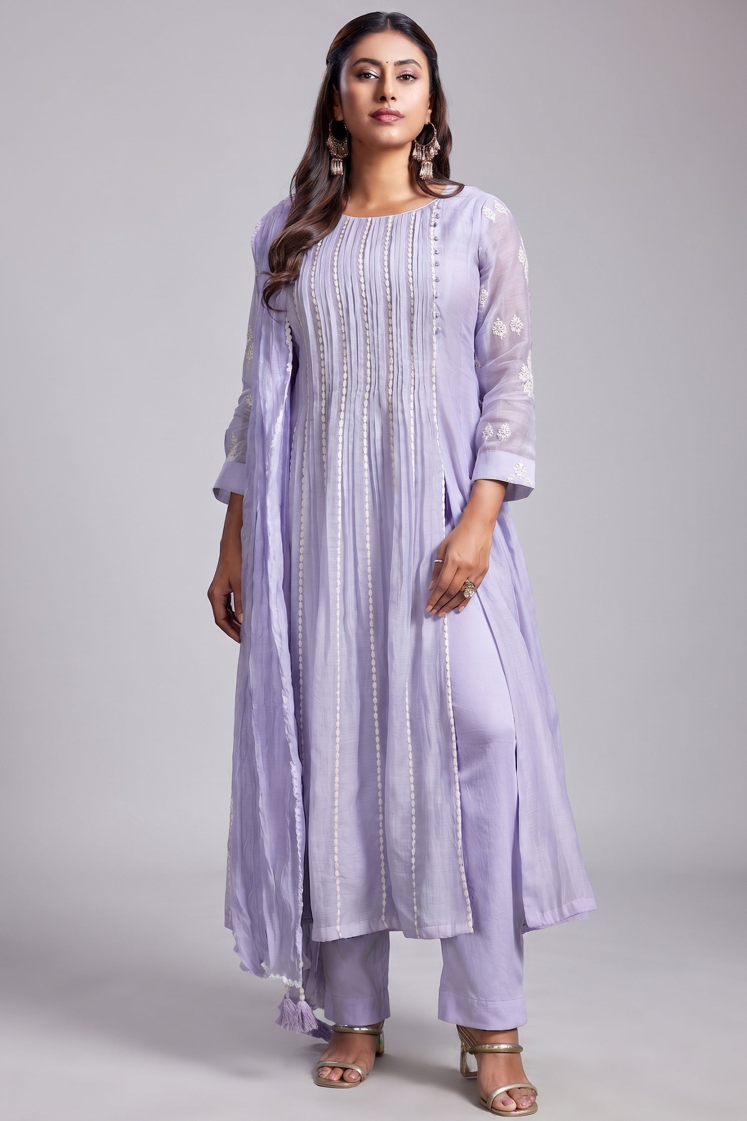 Lavender Purple Mul Cotton Thread Embroidered Slit Cut Kurta Set Main image