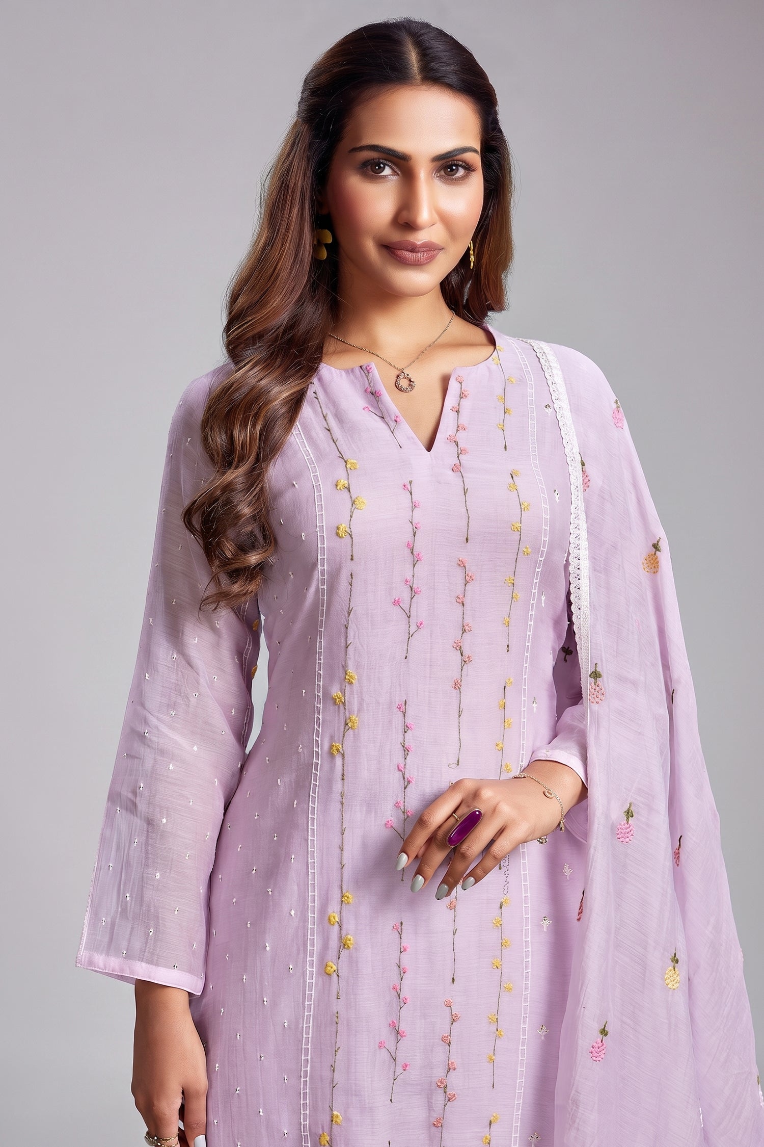 Lilac Purple Mul Cotton Thread Embroidered Straight Cut Kurta Set Secondary image