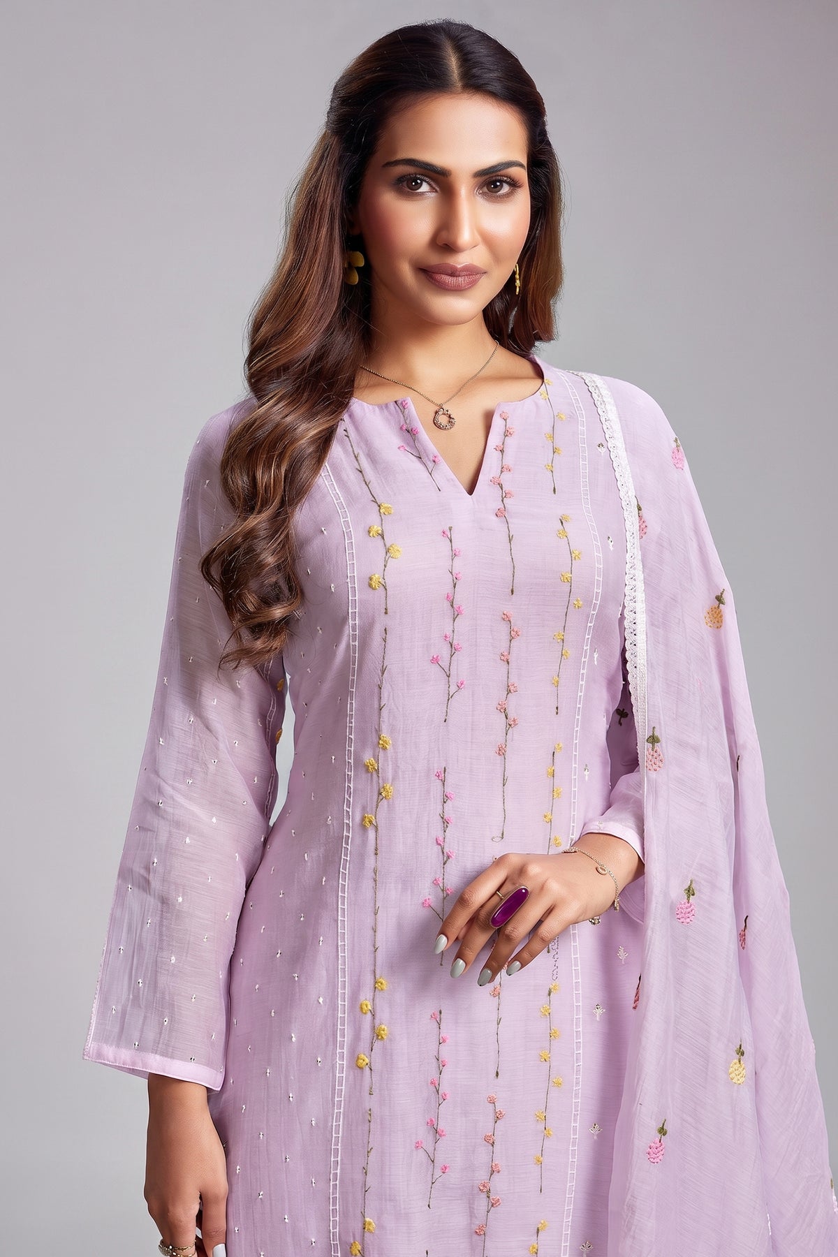 Lilac Purple Mul Cotton Thread Embroidered Straight Cut Kurta Set
