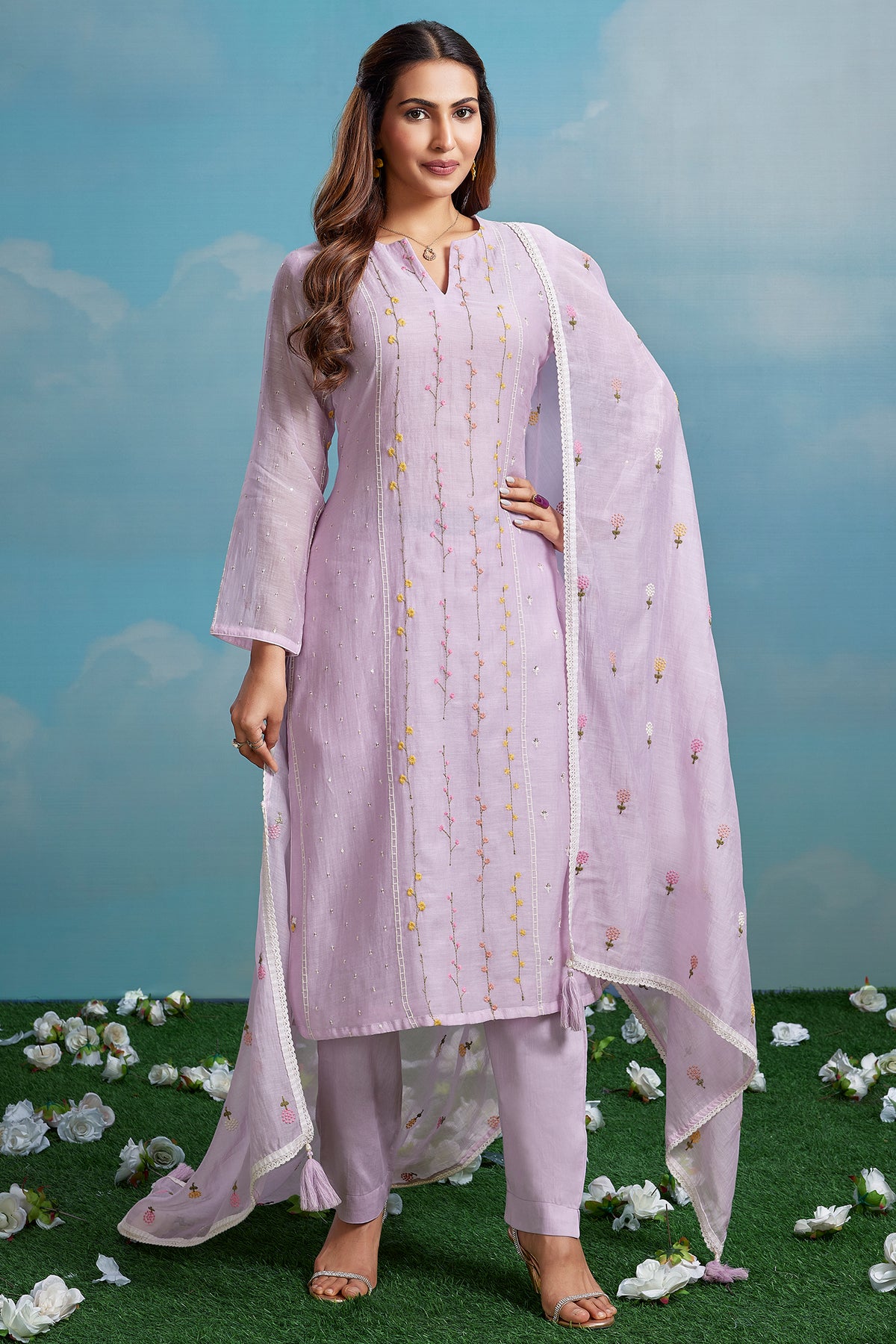 Lilac Purple Mul Cotton Thread Embroidered Straight Cut Kurta Set