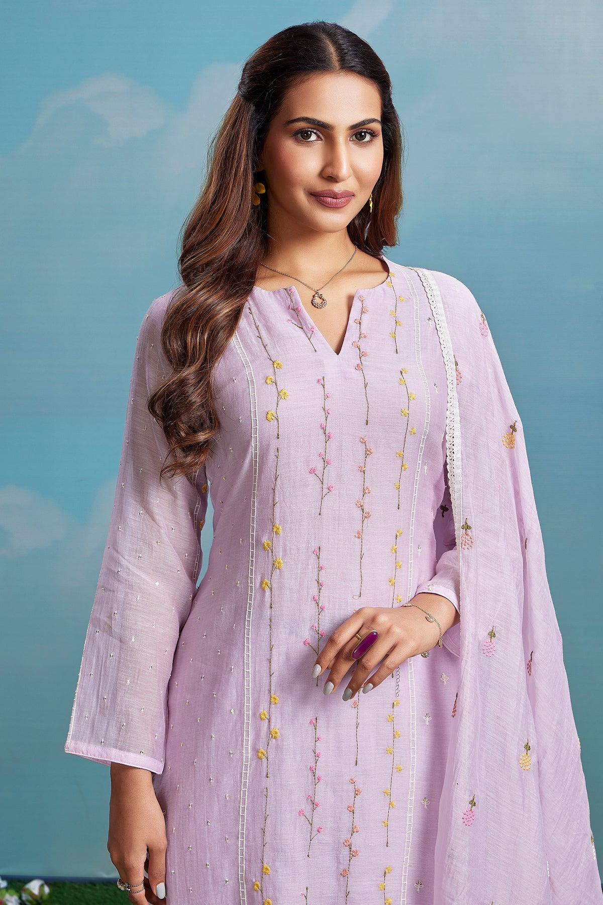 Lilac Purple Mul Cotton Thread Embroidered Straight Cut Kurta Set