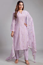 Lilac Purple Mul Cotton Thread Embroidered Straight Cut Kurta Set