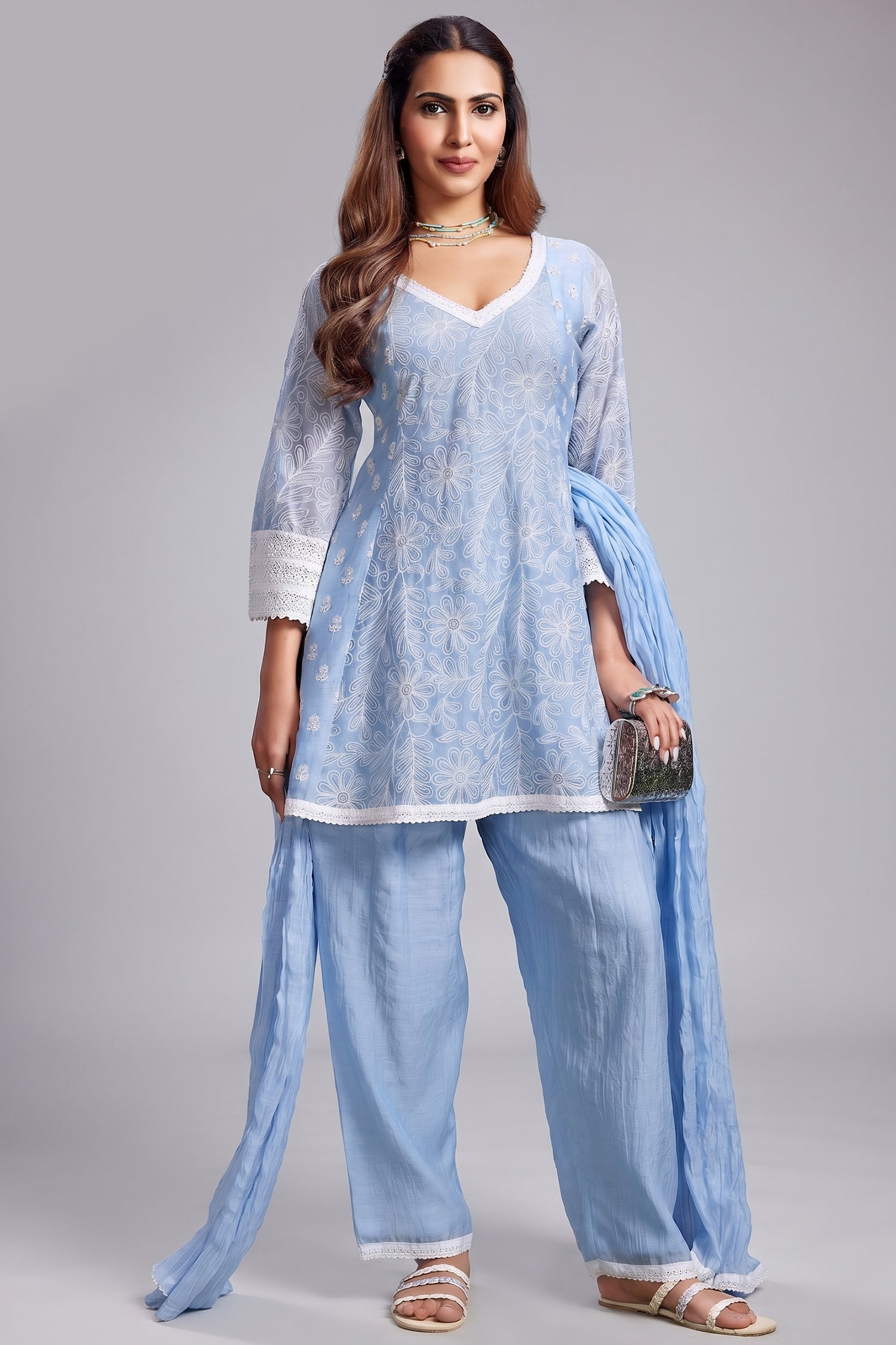 Powder Blue Mul Cotton Thread Floral Embroidered Salwar Set Main image