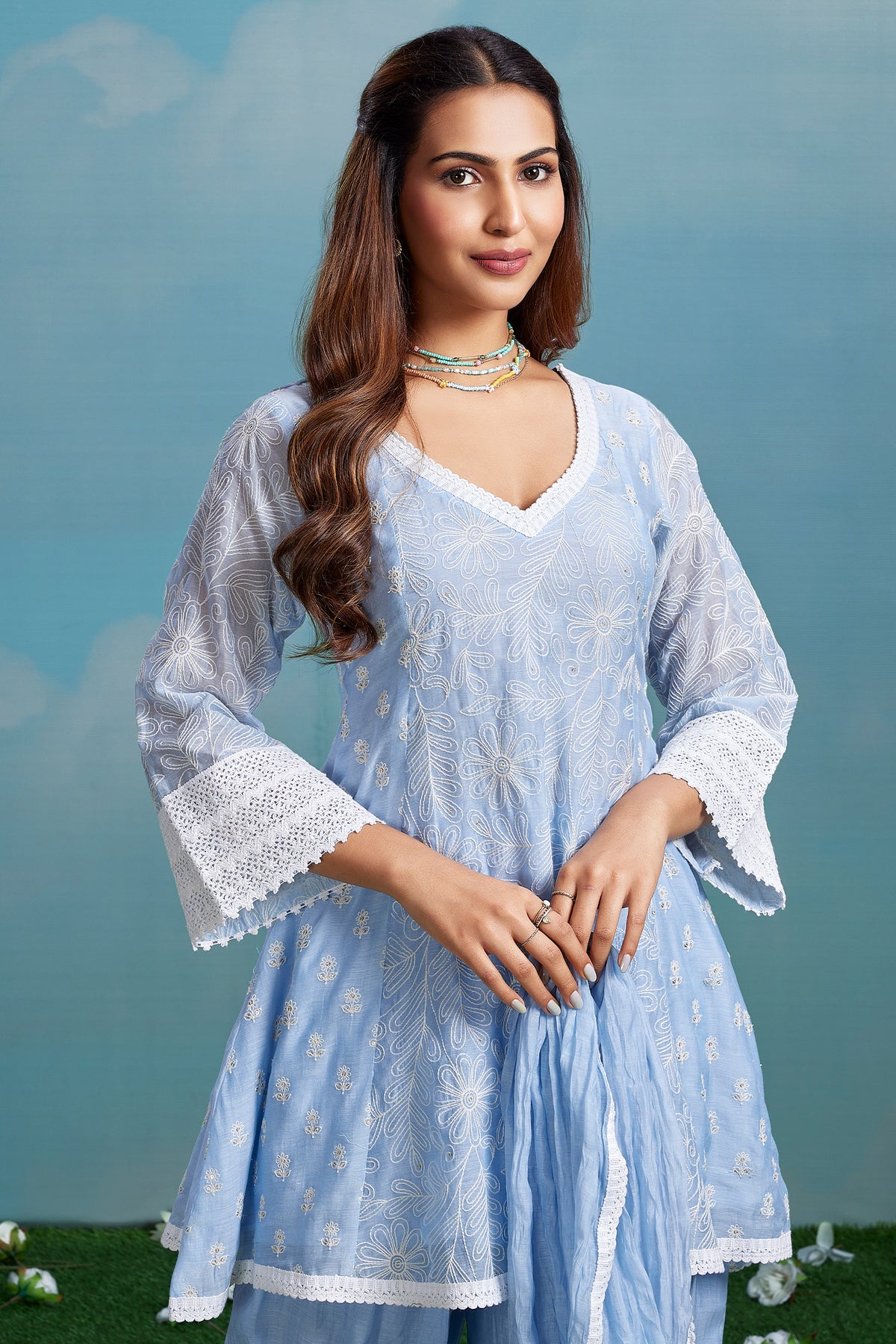 Powder Blue Mul Cotton Thread Floral Embroidered Salwar Set