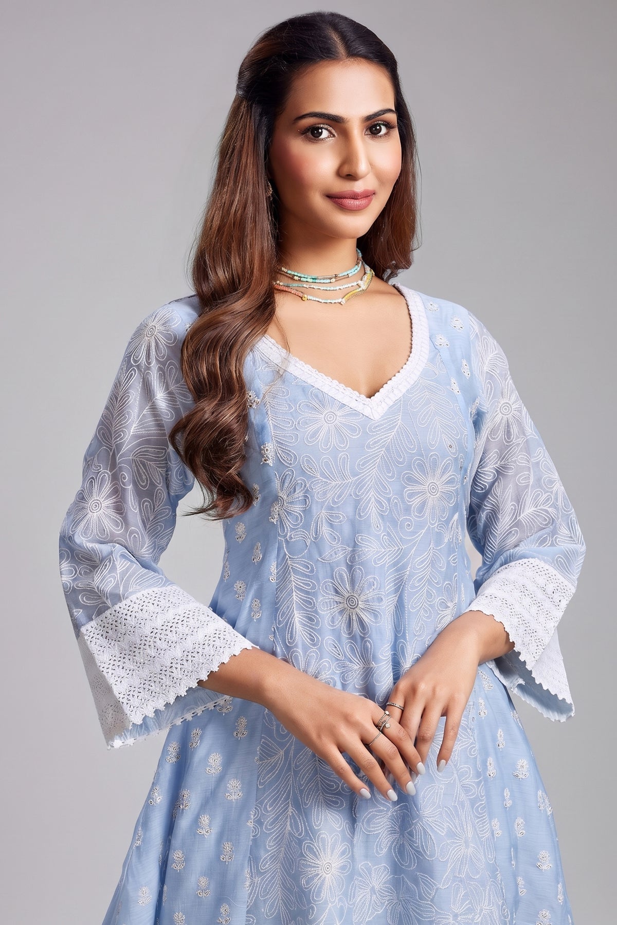 Powder Blue Mul Cotton Thread Floral Embroidered Salwar Set