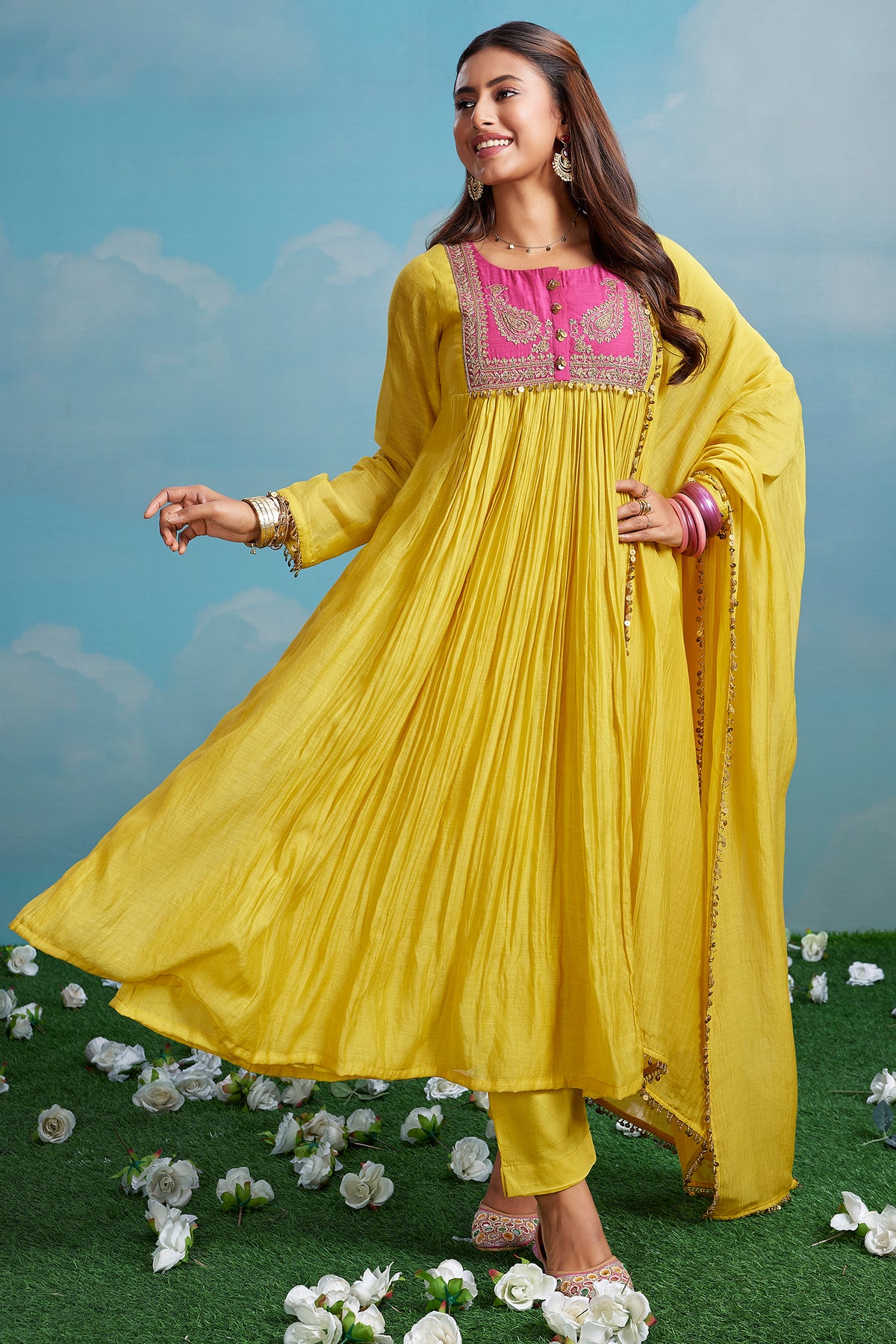 Yellow Mul Cotton Sequin Worked Anarkali Set