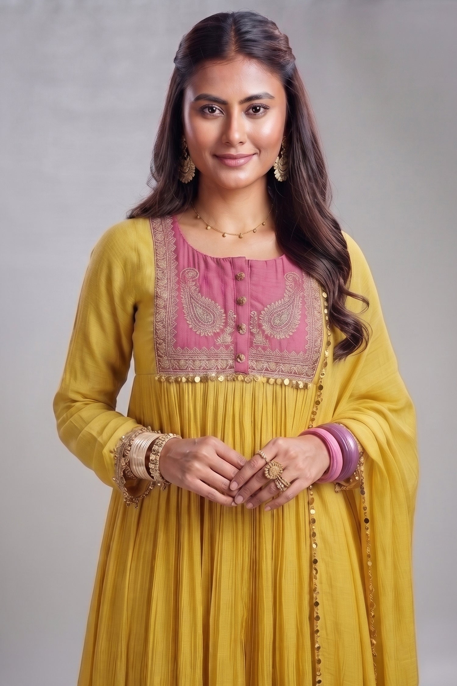 Yellow Mul Cotton Sequin Worked Anarkali Set