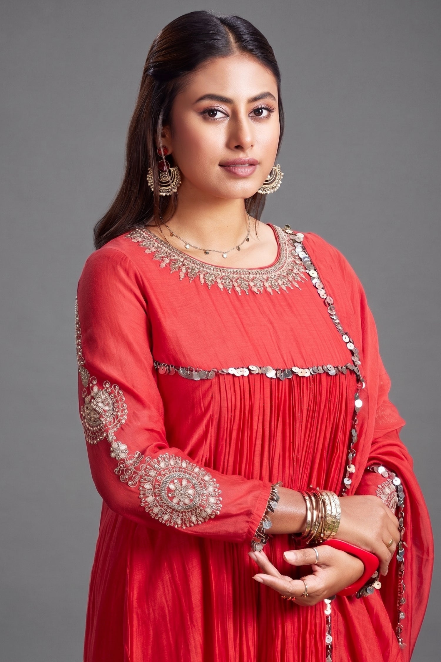 Red Mul Cotton Pleated Embroidery Anarkali Kurta Set Secondary image