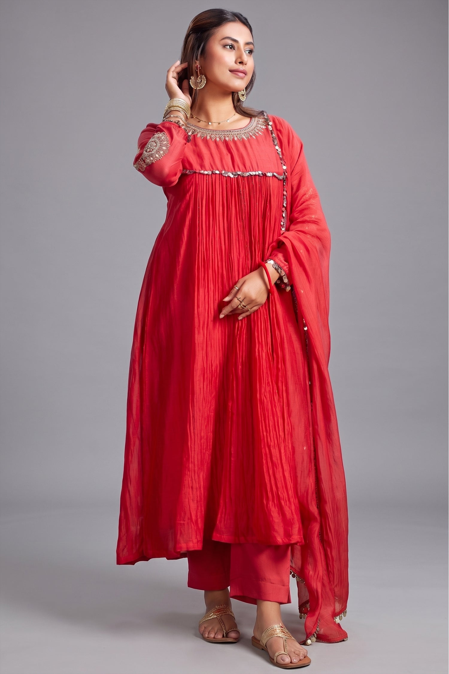 Red Mul Cotton Pleated Embroidery Anarkali Kurta Set Main image