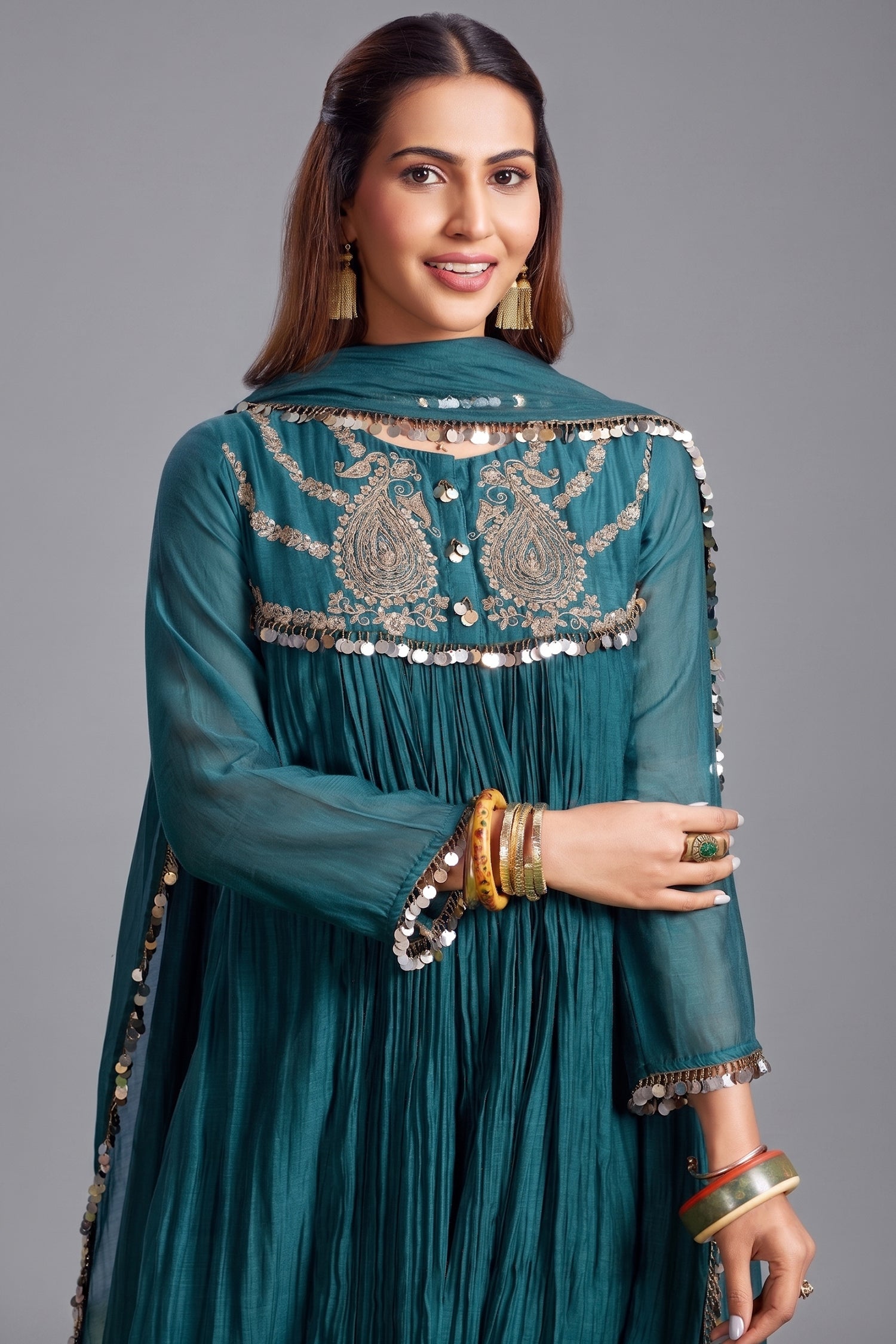 Teal Green Mul Cotton Sequin Embroidered Anarkali Set Secondary image