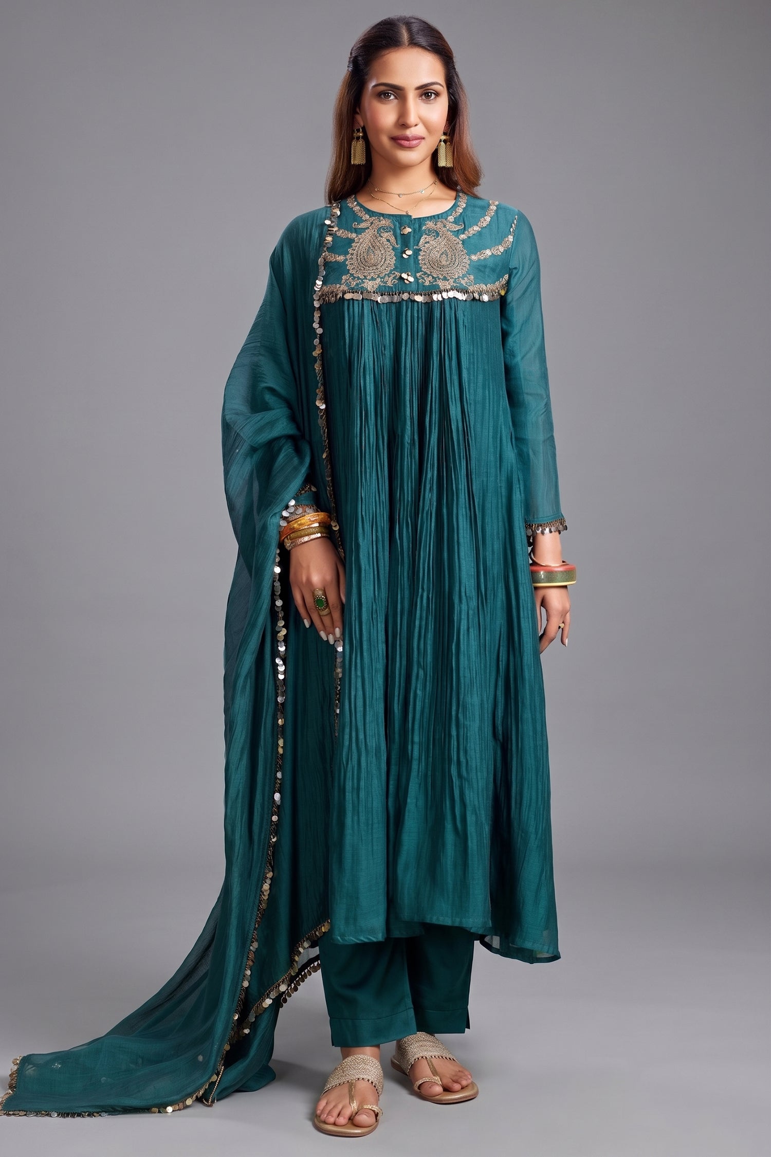 Teal Green Mul Cotton Sequin Embroidered Anarkali Set Main image