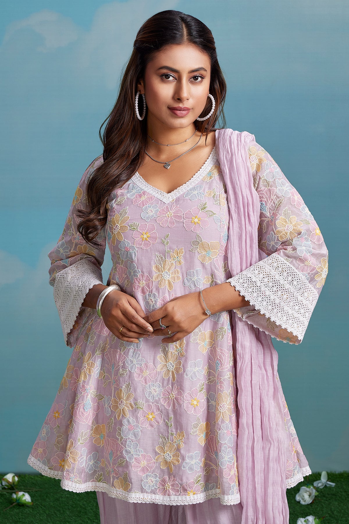 Light Pink Mul Cotton Floral Embroidered Salwar Set