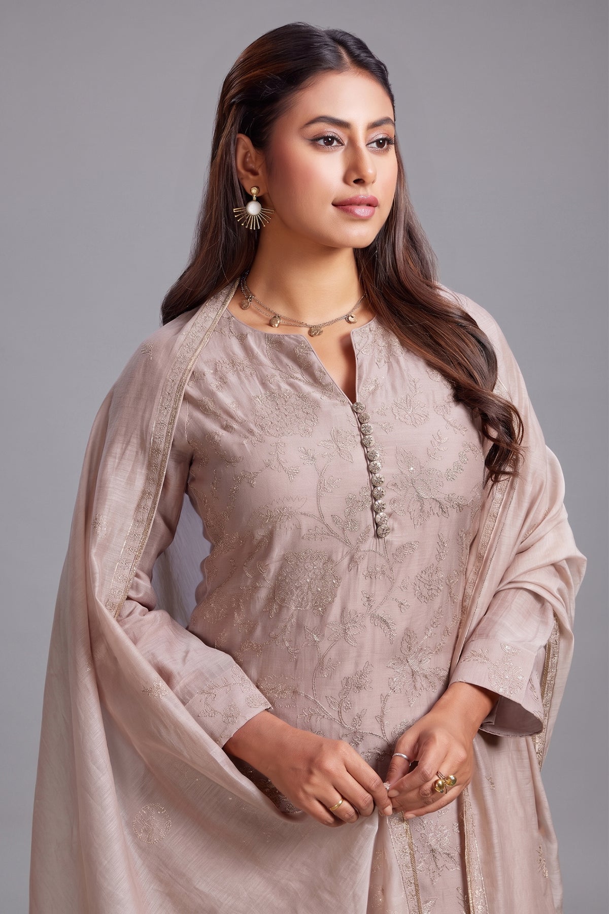Rose Brown Mul Cotton Sequin Embroidery Straight Cut Kurta Set