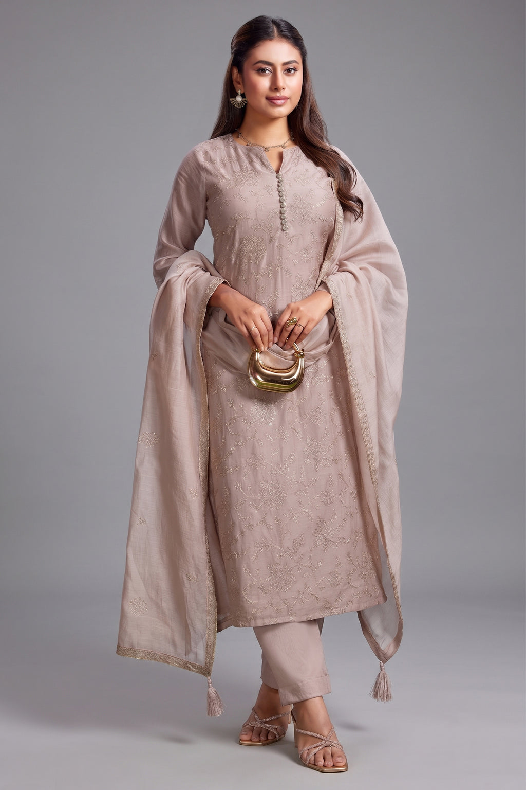 Rose Brown Mul Cotton Sequin Embroidery Straight Cut Kurta Set