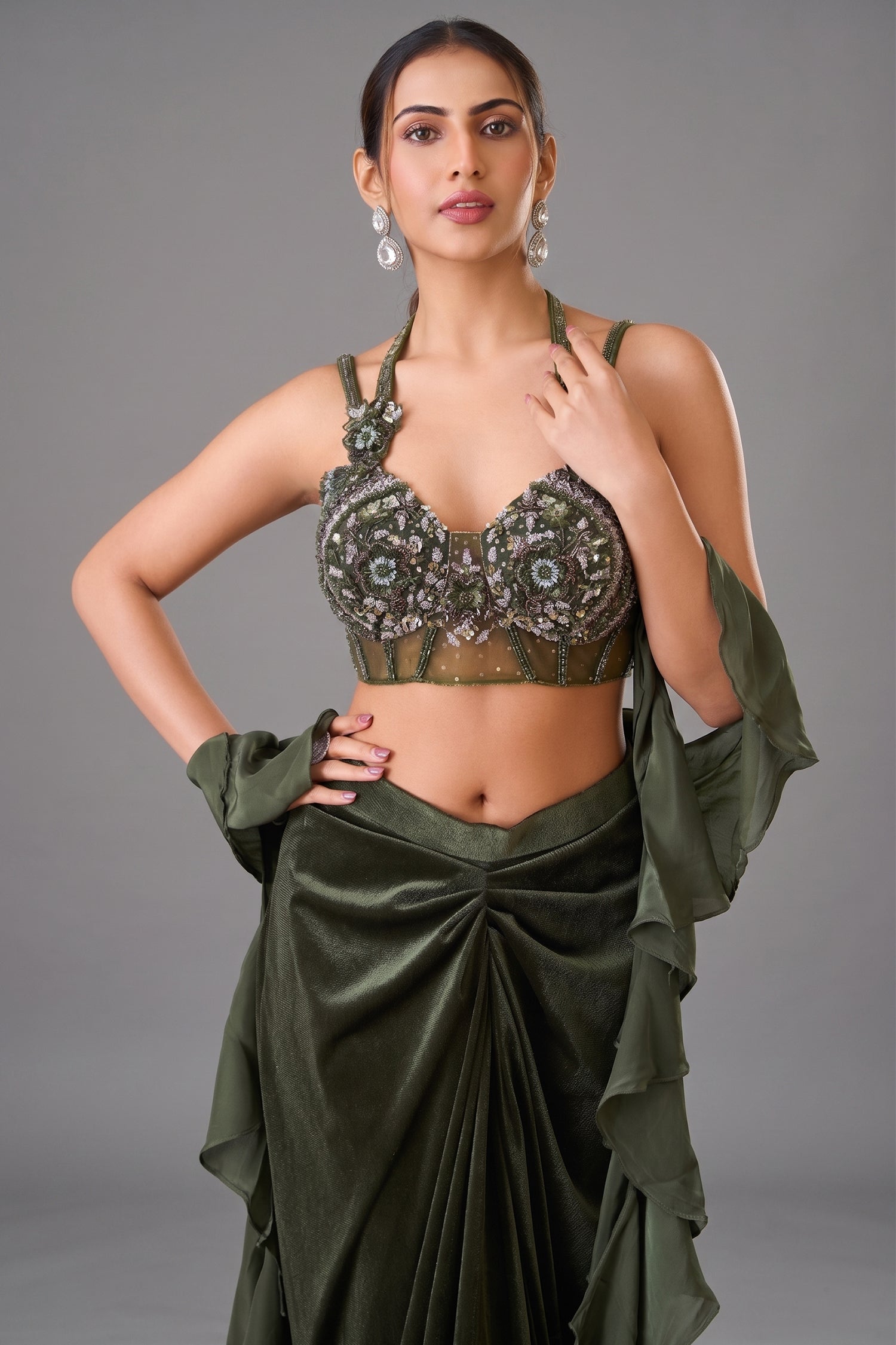 Dark Olive Green Net Hand-Embellished Bustier Draped Skirt Set with Cascading Ruffled Dupatta Secondary image