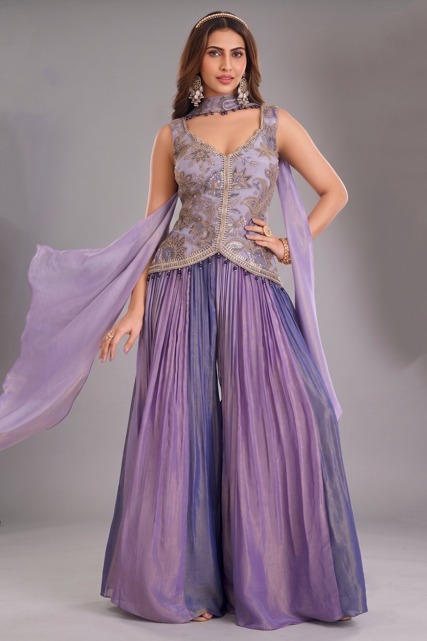 Lavender Tissue Silk Sequin Embroidered Palazzo Suit Main image