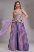 Lavender Tissue Silk Sequin Embroidered Palazzo Suit
