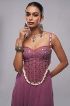 Dusty Pink Georgette Sweet Heart Neck Mirror Embroidery Co-Ord Set with Shells