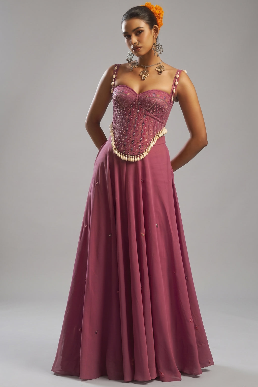 Dusty Pink Georgette Sweet Heart Neck Mirror Embroidery Co-Ord Set with Shells