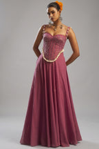 Dusty Pink Georgette Sweet Heart Neck Mirror Embroidery Co-Ord Set with Shells