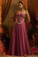 Dusty Pink Georgette Sweet Heart Neck Mirror Embroidery Co-Ord Set with Shells