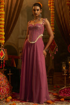 Dusty Pink Georgette Sweet Heart Neck Mirror Embroidery Co-Ord Set with Shells