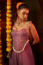 Dusty Pink Georgette Sweet Heart Neck Mirror Embroidery Co-Ord Set with Shells