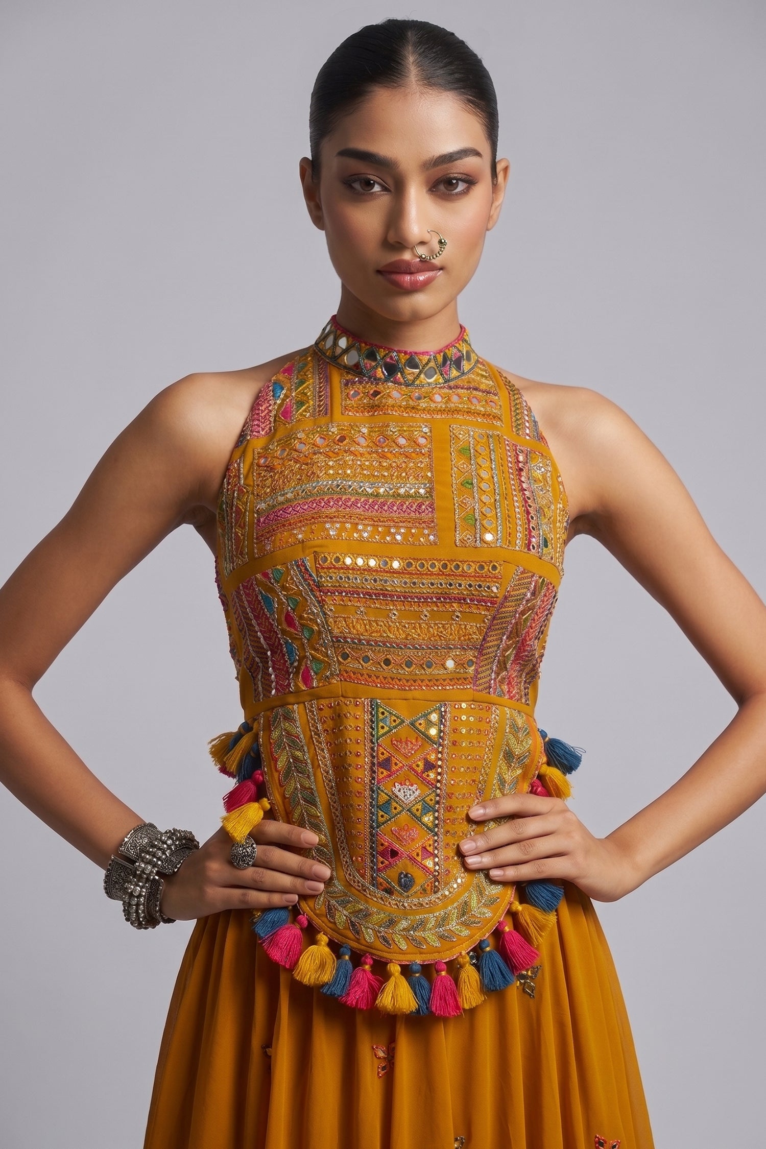 Mustard Georgette Mirror Embroidered Halter Neck Co-Ord Set with Shells