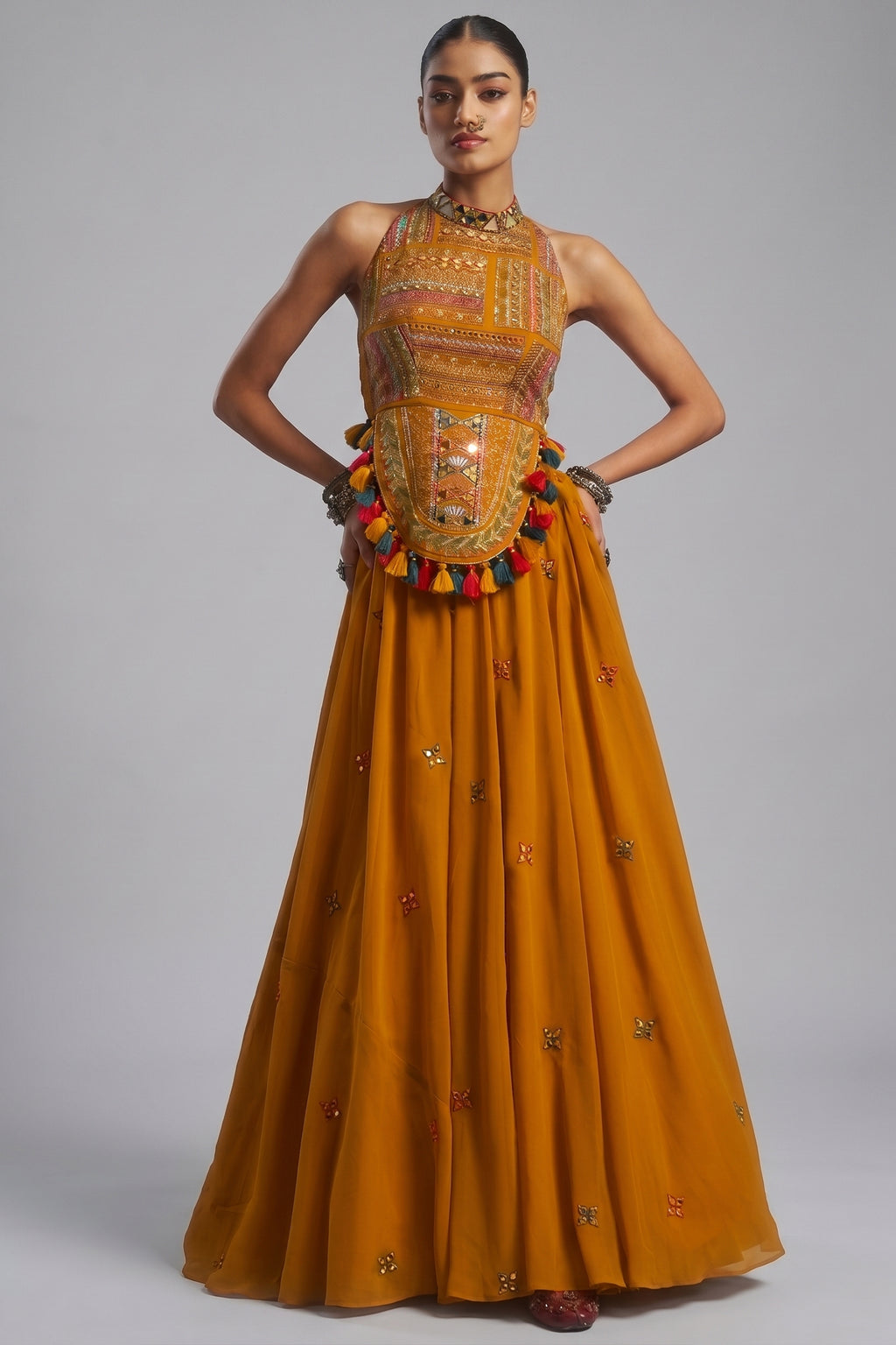 Mustard Georgette Mirror Embroidered Halter Neck Co-Ord Set with Shells
