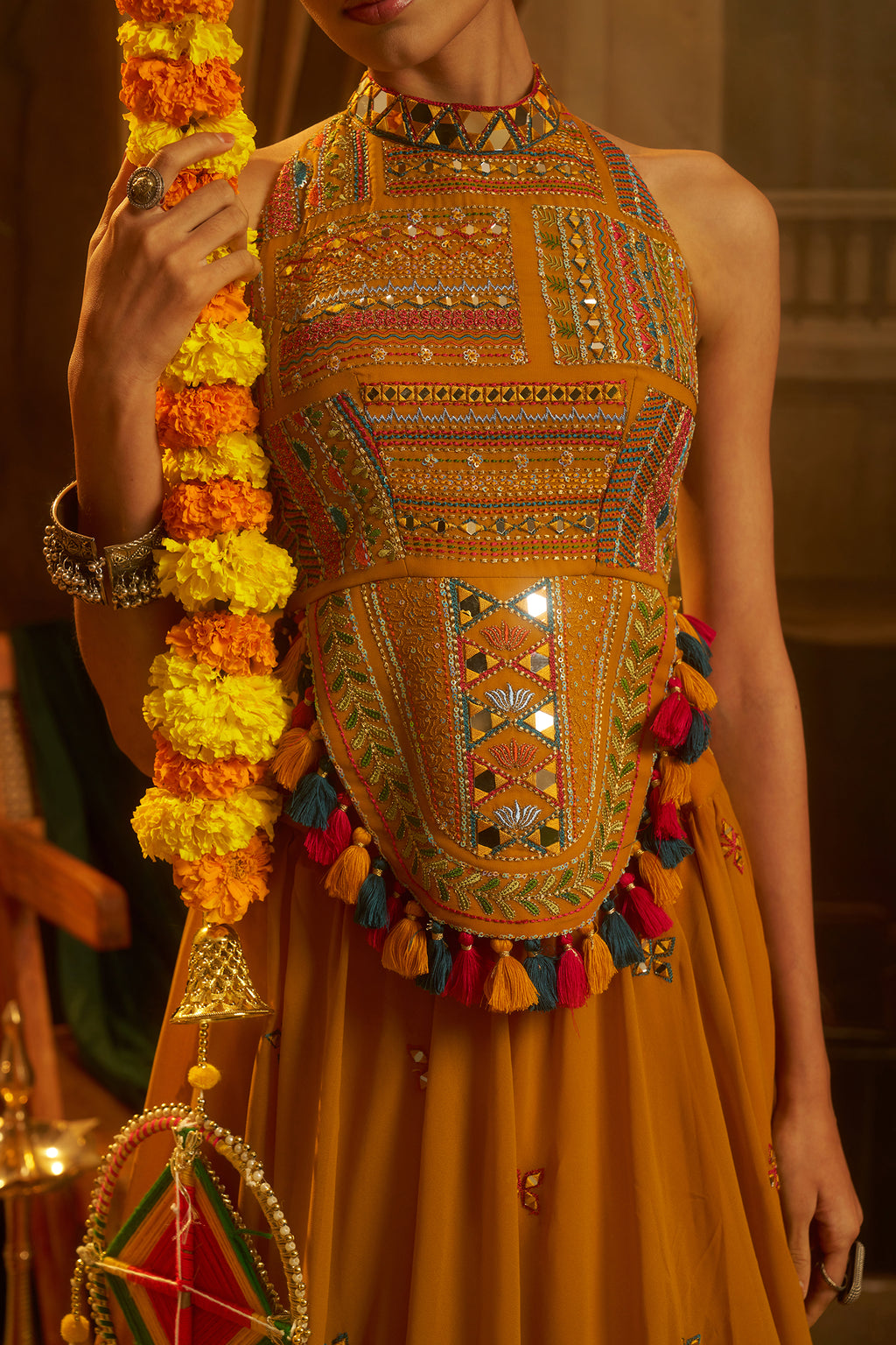Mustard Georgette Mirror Embroidered Halter Neck Co-Ord Set with Shells