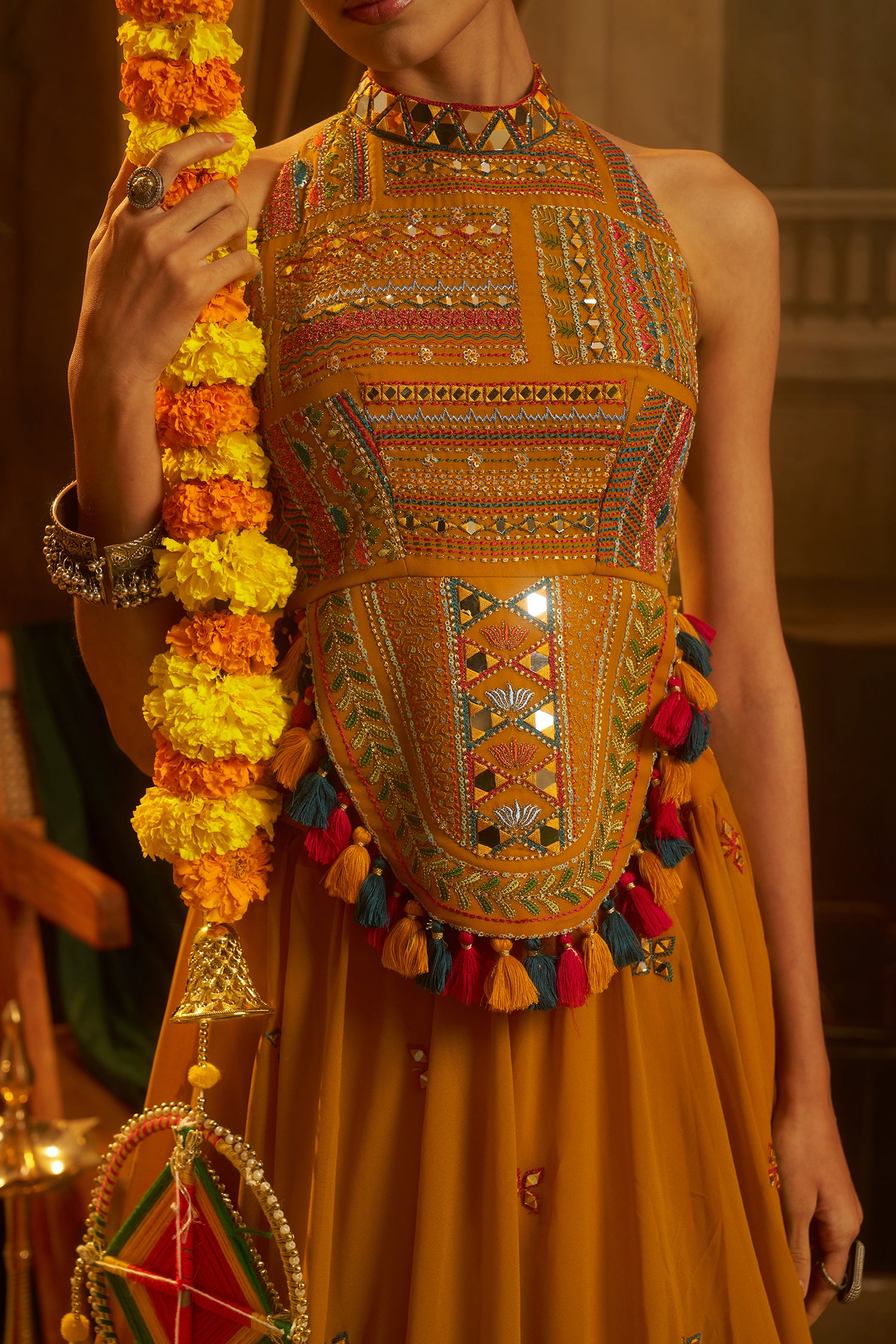 Mustard Georgette Mirror Embroidered Halter Neck Co-Ord Set with Shells