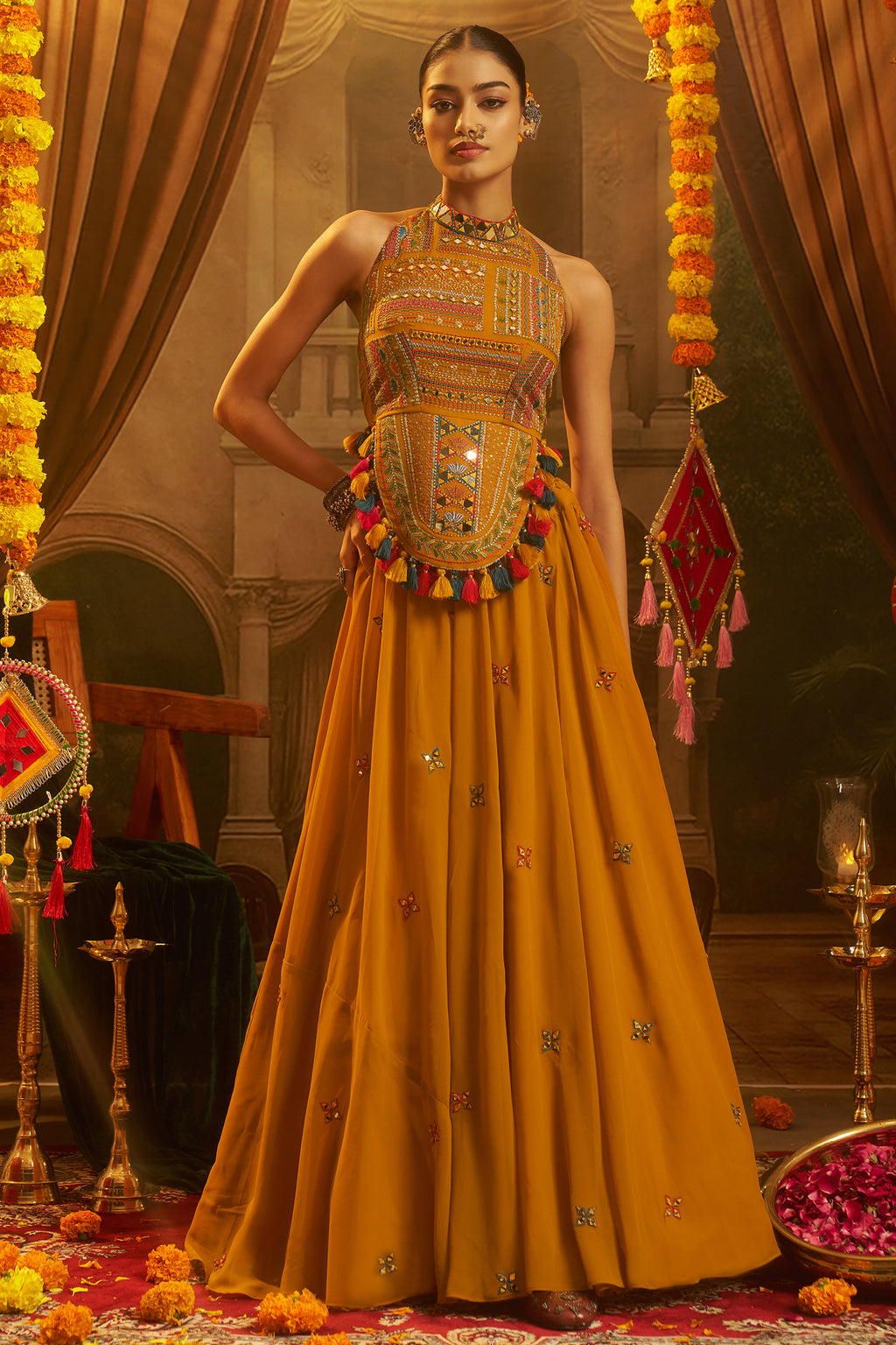 Mustard Georgette Mirror Embroidered Halter Neck Co-Ord Set with Shells