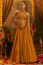 Mustard Georgette Mirror Embroidered Halter Neck Co-Ord Set with Shells