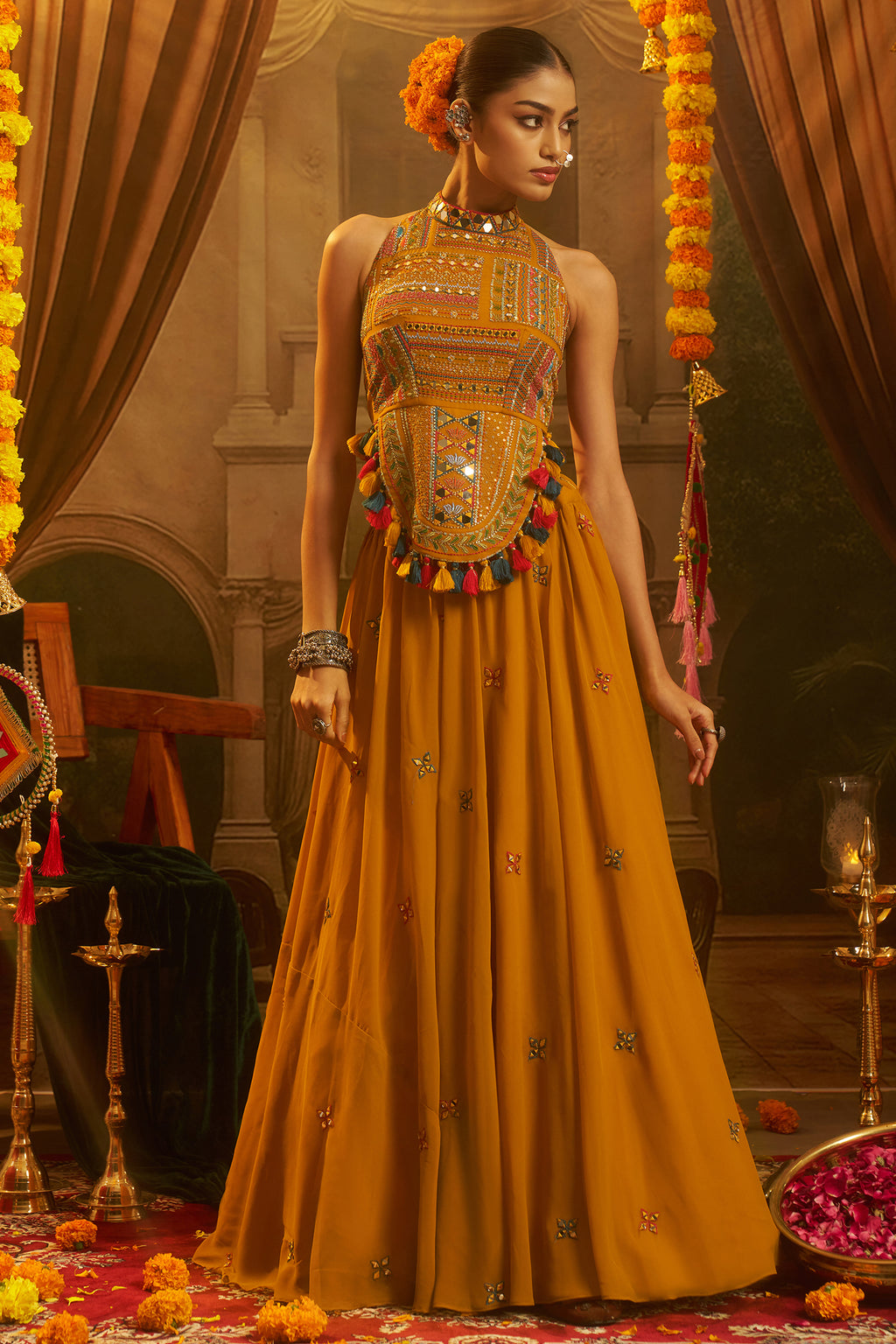 Mustard Georgette Mirror Embroidered Halter Neck Co-Ord Set with Shells