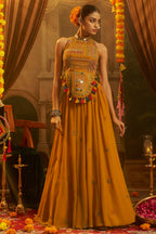 Mustard Georgette Mirror Embroidered Halter Neck Co-Ord Set with Shells