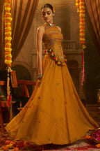 Mustard Georgette Mirror Embroidered Halter Neck Co-Ord Set with Shells